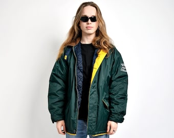 Retro 80s parka coat for men in green | Spring fall winter long ski jacket men | Vintage 90s skiing sport insulated rain coat | Size XL