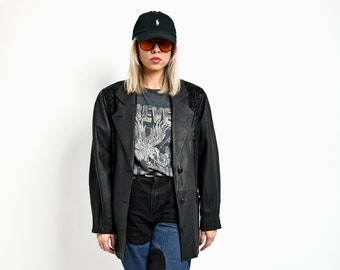 Vintage leather mid long coat black unisex | Retro women's genuine leather jacket | Y2K 00s 90s grunge button jacket outerwear | Size Medium