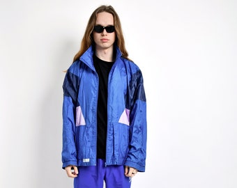 90s retro windbreaker blue mens shell jacket | Vintage unisex lightweight top rave nylon sports wind jacket | 80s style fashion clothes | XL