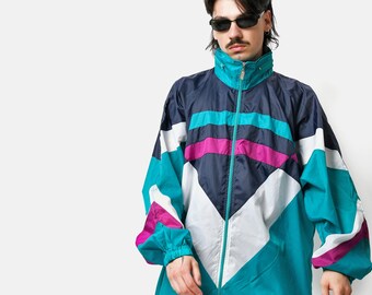 90s retro windbreaker multi colour block blue men's | Vintage 80s lightweight festival rave summer hooded shell jacket | XL size