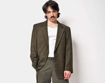 Giacca vintage da uomo marrone multicolore / Plaid a quadri colorato preppy anni '90 moda retrò classica giacca sportiva in lana casual / Grande L