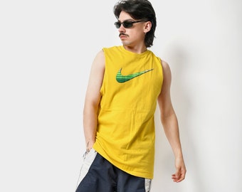 NIKE swoosh tank top yellow | Sports sleeveless shirt vest | Y2K 2000s 00s men's lightweight t-shirt | Size Large L