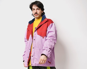 Retro 80s hooded parka coat in purple red colour men's | Vintage 1980s windbreaker jacket for men | Large L size