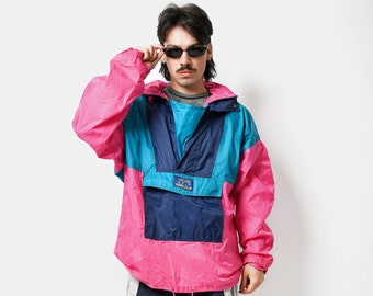 Vintage men's windbreaker in pink blue multi coloured | Retro anorak hooded 90s 80s festival summer shell wind 1/2 half zip jacket | Large L