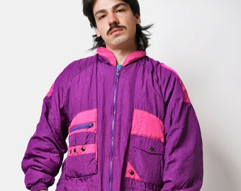 Retro 90s sport parka coat in purple colour men&#39;s | Vintage 80s shell windbreaker nylon jacket for men | L/XL size