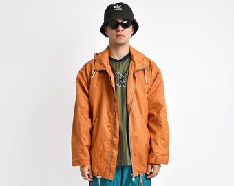 Vintage wind shell jacket orange colour | Rave hooded festival windbreaker full zip up top | 80s 90s sport men light hooded rain coat | L