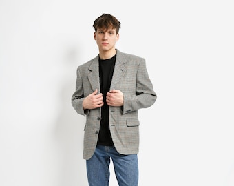 Vintage 80s blazer mens grey | Beige multi preppy unisex houndstooth sport coat | 90s fashion retro classic casual jacket | Large L size