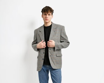 Vintage 80s blazer mens grey | Beige multi preppy unisex houndstooth sport coat | 90s fashion retro classic casual jacket | Large L size