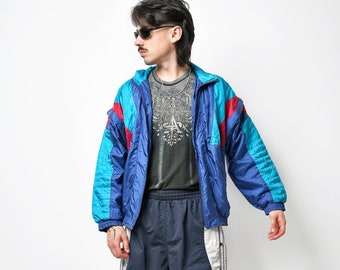 80s retro jacket blue multi colour block | Vintage track shell suit top | Detachable sleeves nylon sport athletic 90s windbreaker | Medium M