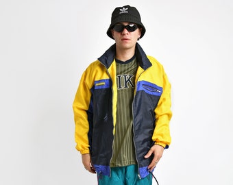 Vintage hooded wind shell jacket yellow blue | Rave summer festival windbreaker for men | 90s sport lightweight hooded rain coat | Large L