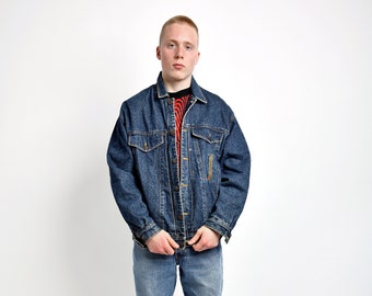 Vintage Denim Jacket Men in Dark Blue Wash Old School 90s - Etsy