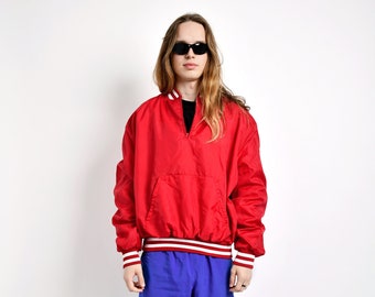 Retro lightweight anorak windbreaker jacket men | Red colour 90s 80s vintage festival hipster boho quarter zip shell wind jacket | 2X/3X