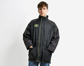 Vintage UMBRO parka jacket black | Long soccer manager shell jacket for men | Y2K 90s football rain team sport wind coat | Small S size