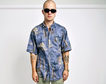 Vintage Woolrich Hawaiian Beach Shirt | Blue Palm Print Aloha Button Up (Size L)