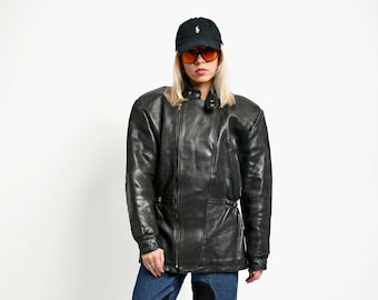 Vintage 80's black heavy leather jacket unisex | 90s biker motorcycle leather jacket women's | Old School moto long retro jacket | Large L