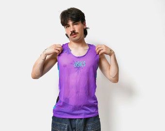 Vintage Asics 90s netting tank top vest shirt purple | Mens see-through transparent sleeveless jersey | Old School sports tee top | Large L
