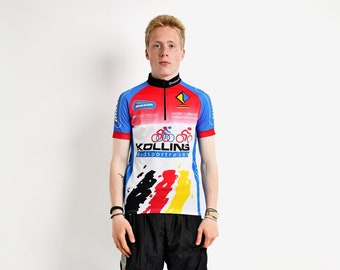 90s abstract vintage cycling jersey men | Bold top 80s race biking t-shirt | Multi retro elastic slim fit sports short sleeve biker shirt S