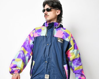 90s retro hooded windbreaker men blue multi coloured | Vintage shell jacket abstract patterned lightweight rave nylon 80s sport top | Large