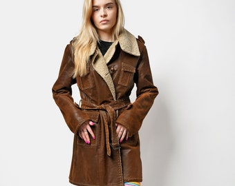 Vintage 80's suede leather coat women's | Brown winter women's long coat | Leather retro boho 90s brown coat | Large L size