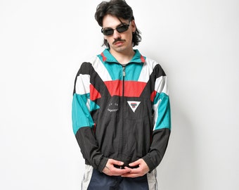 90s jacket men black colourful | Vintage multi colour block shell track top | 90s lightweight retro athletic windbreaker | Large L size