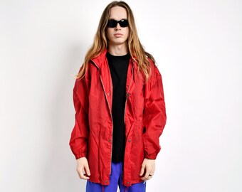 Vintage hooded red windbreaker for men | Retro 80s 90s long windproof jacket parka | Sports athletic outerwear rain coat | Large L size