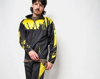 Vintage 90s tracksuit in black yellow colour for men | Old School 80s vintage rave sports full tracksuit set | Medium M size