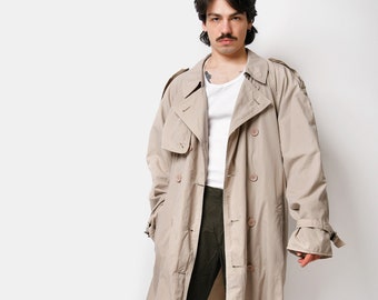 90s retro detective trench coat beige mens | Spring autumn fall classic vintage 80s duster mac casual outerwear long raincoat | XXL 2X size