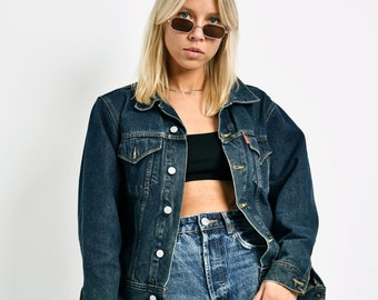 Vintage denim jacket in dark blue wash | Old School 90s grunge trucker jean jacket unisex | 80s fashion outerwear for women | Size - Small S