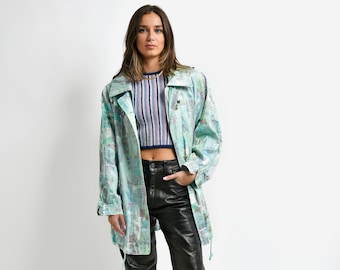 90s vintage rain coat autumn long parka | 80s shell jacket multi pastel colour women&#39;s wind coat | Retro abstract patterned windbreaker M/L