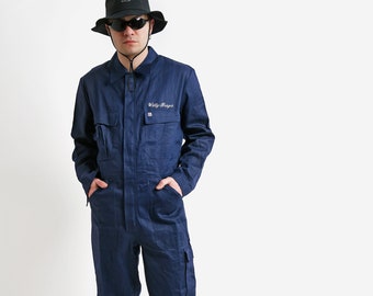 Vintage work coverall boilersuit men navy blue | Long sleeve retro 60s 70s vintage jumpsuit overall | Garage mechanic car workwear | Large L