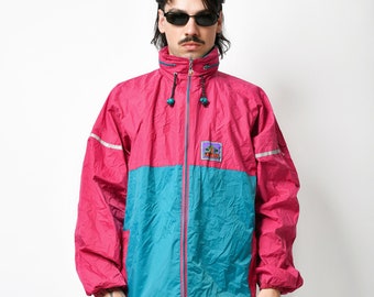 Vintage lightweight windbreaker men blue pink | Retro hooded jacket multi colour block | 90s 80s festival shell wind rain coat | Medium size