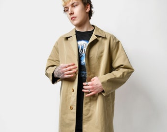 Vintage 90s mac coat beige men's | Spring classic retro 80s detective trench duster mackintosh casual outerwear long rain jacket brown | M/L