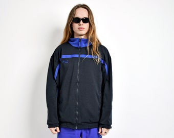 FILA 90s track jacket in black colour for men | Old School vintage Y2K 00s retro rave sports tracksuit top full zip jacket | Size Large L