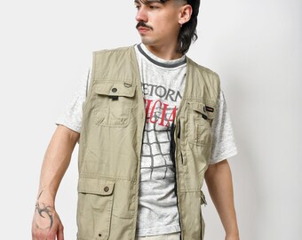 Vintage men cargo vest khaki | Retro 90s Y2K fisherman vest beige utility tactical gilet | Camping trail multi pocket hiking tourist vest XL