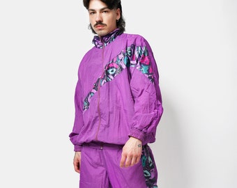Vintage 90s men's tracksuit set in purple colour | Old School rave abstract retro nylon windbreaker full wind shell suit | Large L size