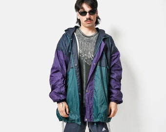Vintage windbreaker jacket in green purple men | Retro 80s hooded light jacket | 90s festival rave fall shell wind rain coat | XL size