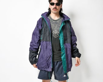 Vintage lightweight windbreaker green purple men | Retro 80s hooded light jacket | 90s festival rave fall shell wind rain coat | Large size