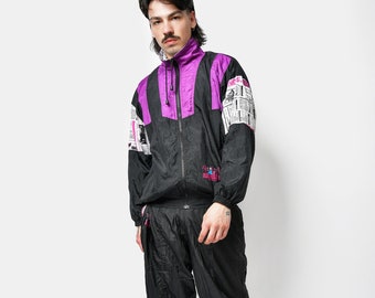 Vintage 90s tracksuit set men black purple colour | Rave 80s retro nylon windbreaker shell suit for men | Small/Medium size