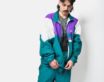 Vintage 90s tracksuit set green purple white | Multi coloured block retro 80s nylon windbreaker full shell suit for men | XL/XXL size