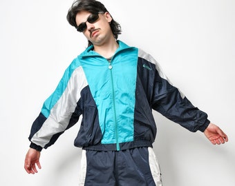 90s vintage sport windbreaker blue colour | Men's lightweight sport shell jacket | Athletic zip up wind 80s outerwear top coat | Medium M