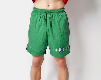 vintage Jordan Y2K short de sport pour hommes, blocs de couleurs multicolores vert violet | Boardshort d'été de plage Old School | Boxer de bain style surfeur des années 90 | Grand L