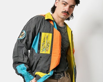 Vintage sport jacket grey multi colour block men | 80s sport rave tracksuit top | Retro windbreaker jacket | Medium M size