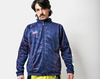 Vintage PUMA 90s sport track jacket navy blue colour | Men's Old School retro 80s active full zip tracksuit top track jumper | Medium M size