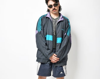 Old School ADIDAS windbreaker grey | 80s athletic nylon track top jacket outerwear | 90s style vintage retro full zip sports jacket | XXL 2X