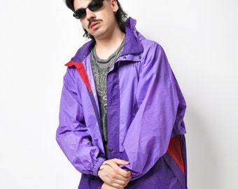 90s retro windbreaker in purple colour men's | Vintage 80s lightweight festival rave summer hooded shell jacket violet | Large L size