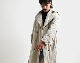 90s vintage detective trench coat men's beige | Spring summer classic retro 80s duster mac casual outerwear long raincoat | Large L size