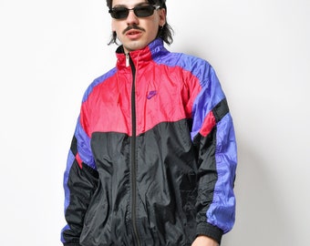 NIKE vintage jacket multi colour block | 90s nylon rave windbreaker | 80 lightweight zip up shell suit top | Large L size