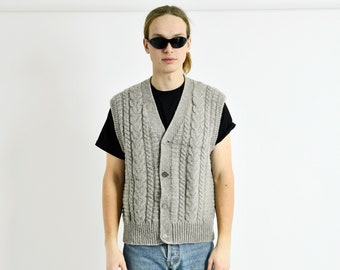 Vintage Wollpullover Weste Herren Grau | Retro 90er 80er Jahre klassischer Zopfmuster-Cardigan Pullover | Ärmelloser Giletpullover mit Knöpfen | M/L Größe