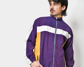 80s vintage warm wind jacket with fleece padding in purple multi colour block | 90s retro nylon sport shell windbreaker jacket | Small S