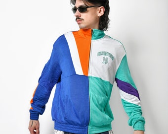 90s style CHAMPION track jacket multi colour block men&#39;s | Full zip up tracksuit top track sport rave bold vibrant jacket | Medium M size